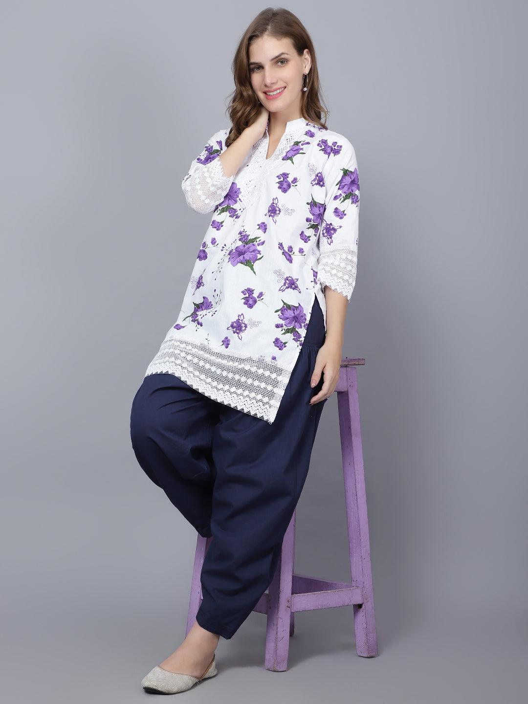 Inadin Women Apple Cut Purple Floral Print Pure Cotton Straight Kurta XXXL