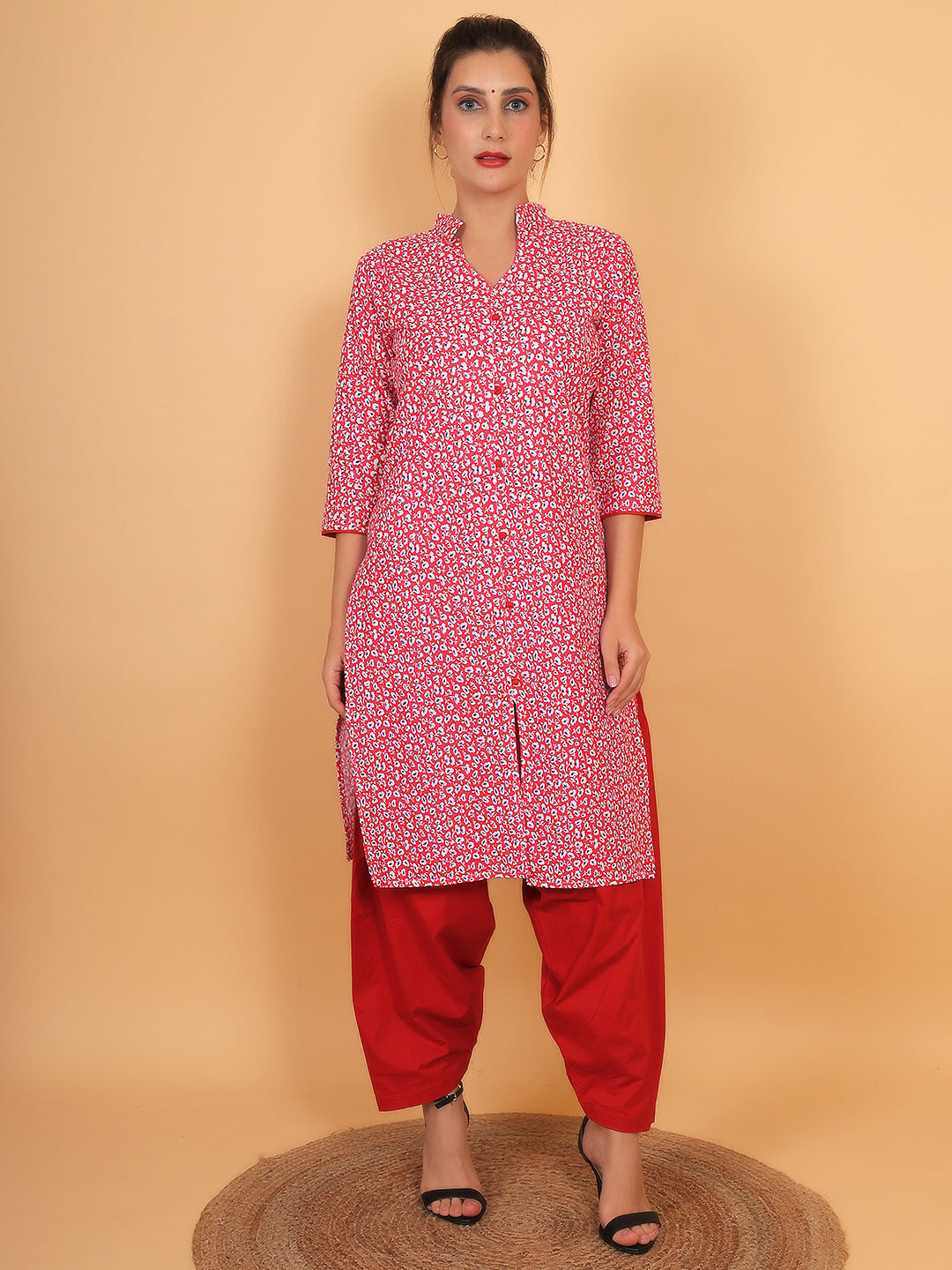 Women Red Floral Printed Cotton Kurti with One Side Pocket