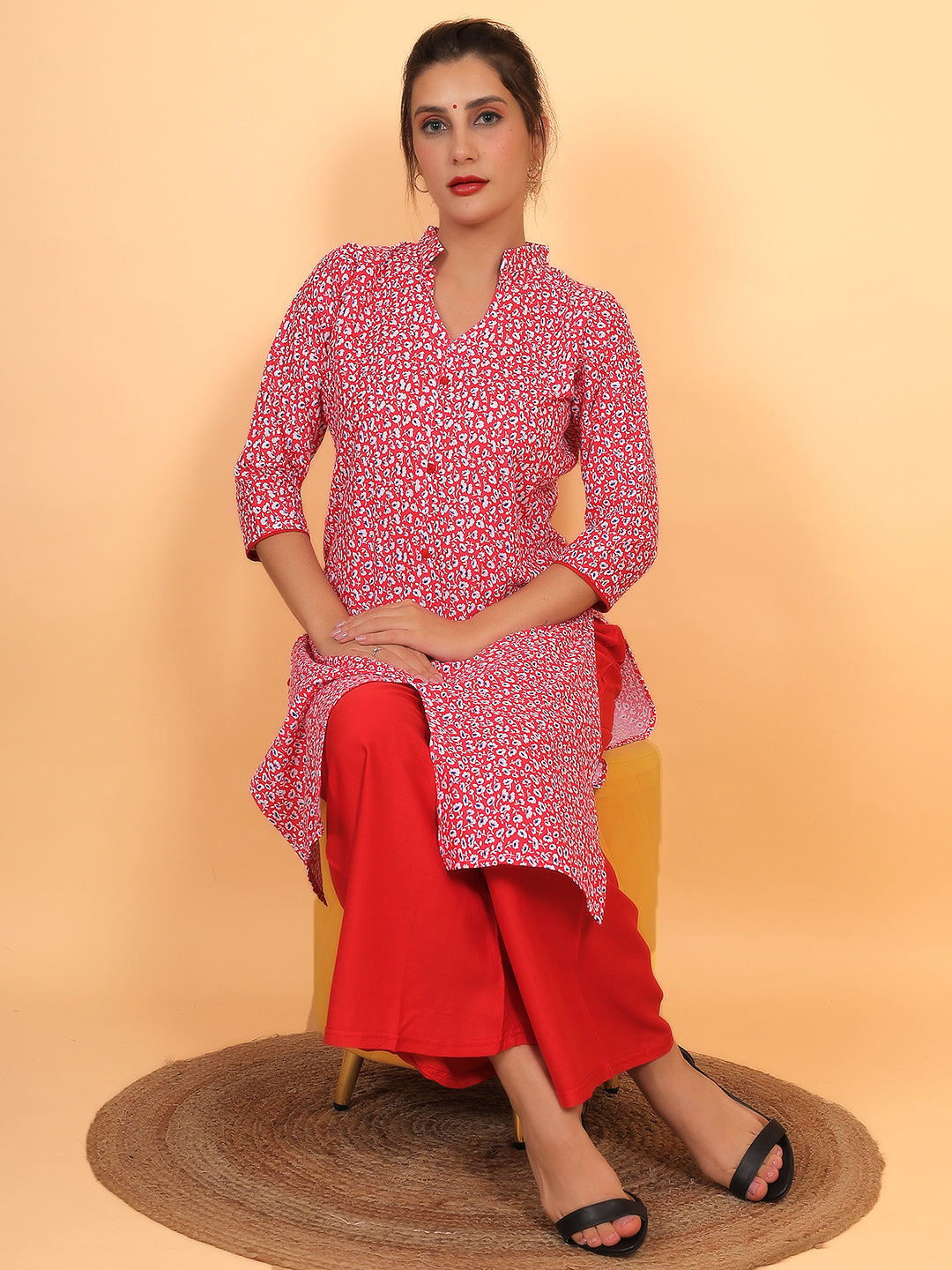 Women Red Floral Printed Cotton Kurti with One Side Pocket