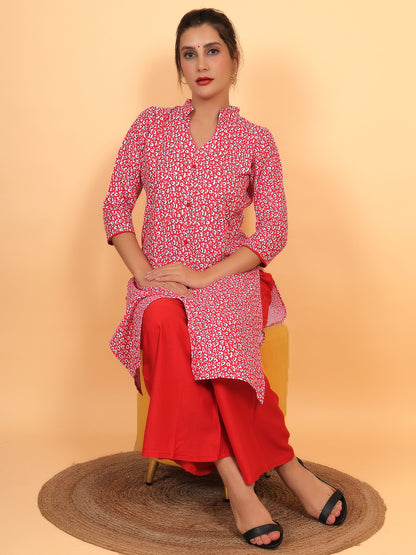 Trendzmy Women Red Floral Printed Cotton Kurti with One Side Pocket