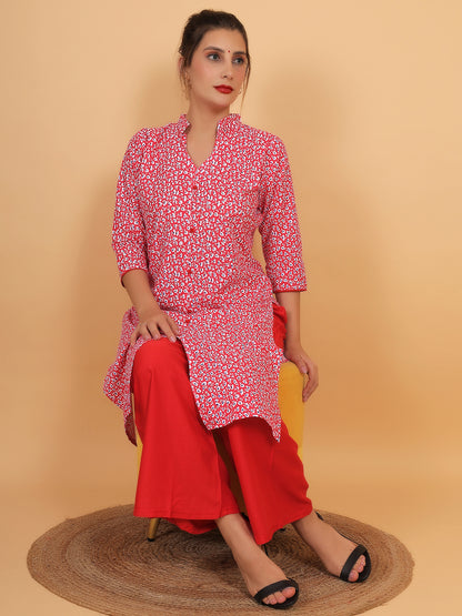 Stylish Red Printed Kurta with Matching Palazzo Set & Side Pockets for Women