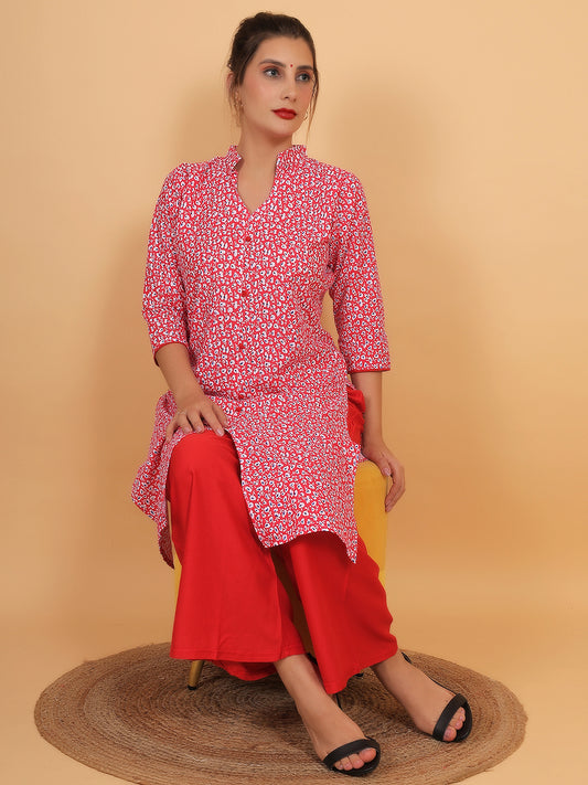 Stylish Red Printed Kurta with Matching Palazzo Set & Side Pockets for Women