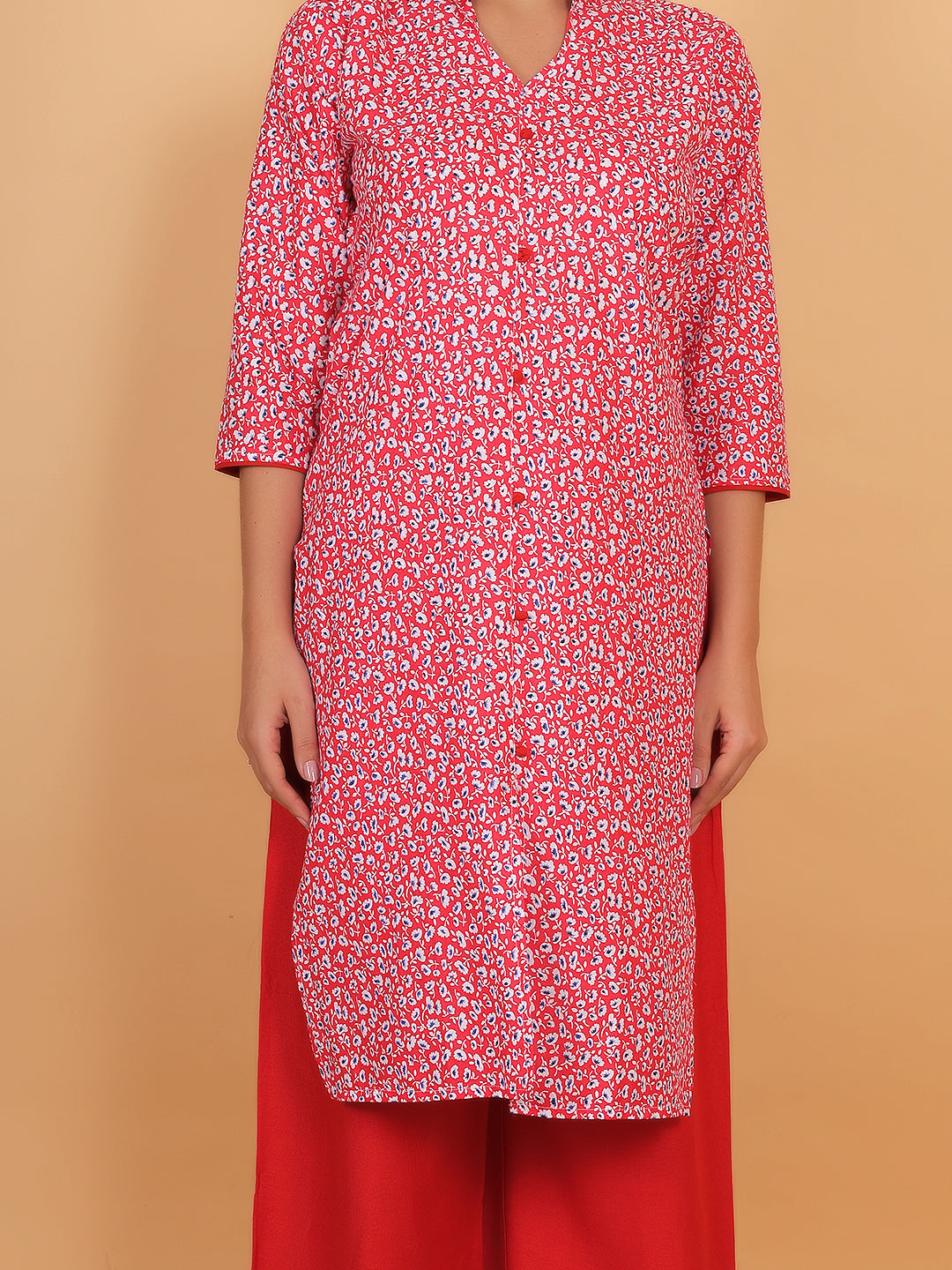 Stylish Red Printed Kurta with Matching Palazzo Set & Side Pockets for Women
