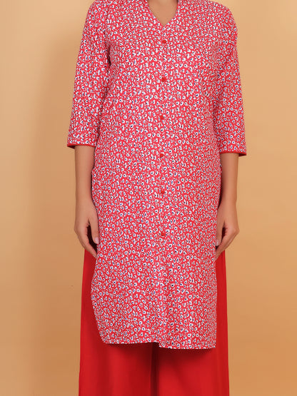 Stylish Red Printed Kurta with Matching Palazzo Set & Side Pockets for Women