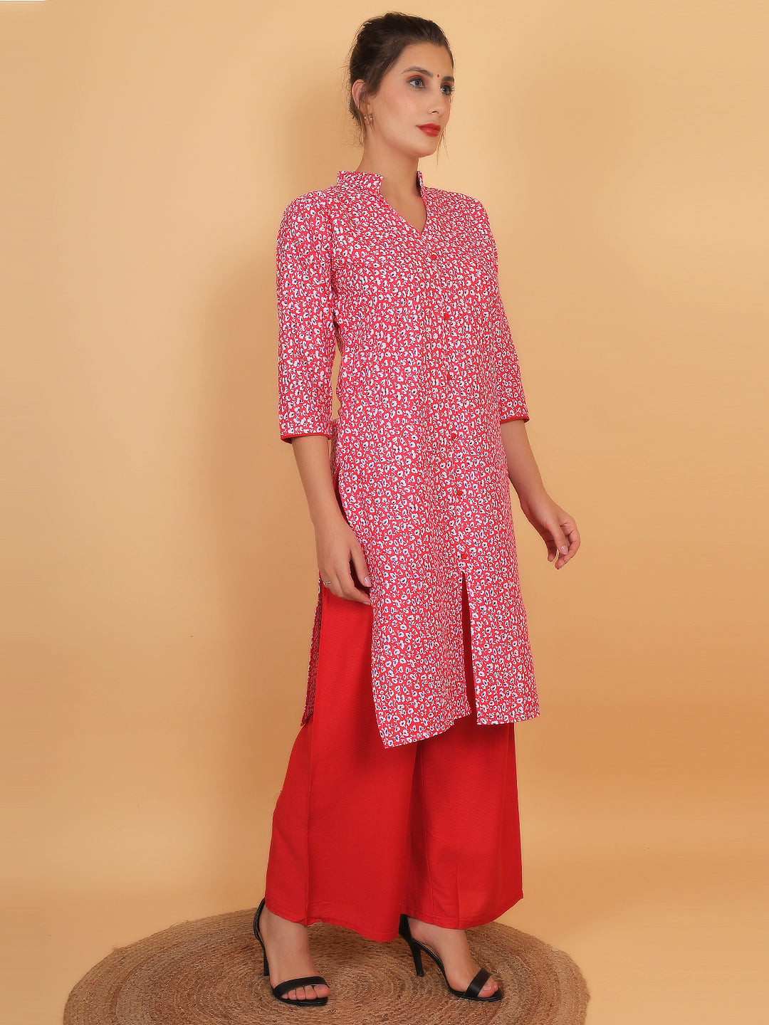 Stylish Red Printed Kurta with Matching Palazzo Set & Side Pockets for Women