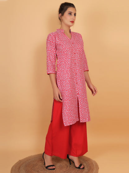Stylish Red Printed Kurta with Matching Palazzo Set & Side Pockets for Women