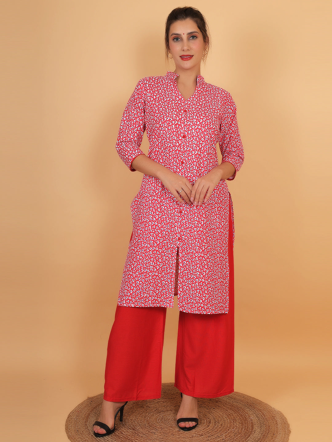 Stylish Red Printed Kurta with Matching Palazzo Set & Side Pockets for Women