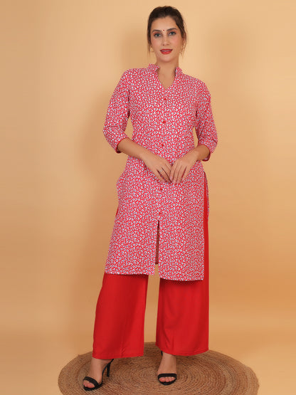 Stylish Red Printed Kurta with Matching Palazzo Set & Side Pockets for Women