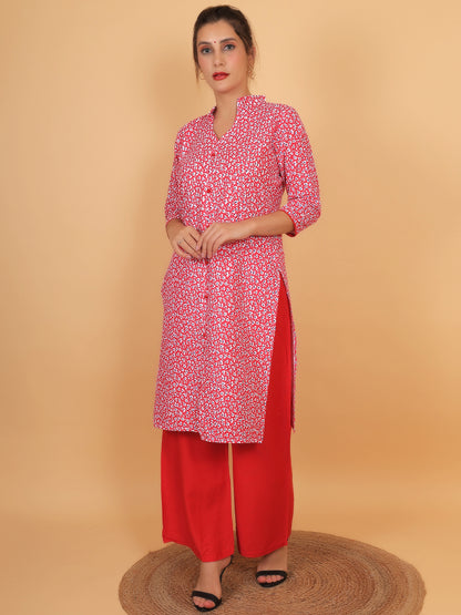 Stylish Red Printed Kurta with Matching Palazzo Set & Side Pockets for Women