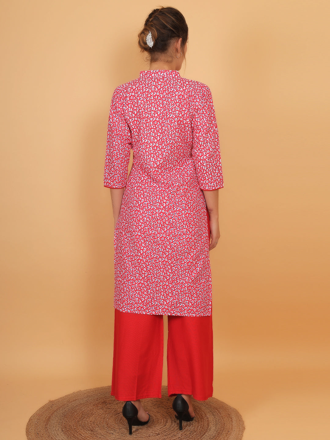 Stylish Red Printed Kurta with Matching Palazzo Set & Side Pockets for Women