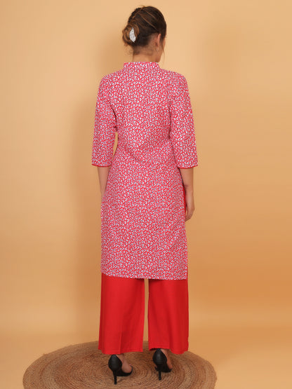 Stylish Red Printed Kurta with Matching Palazzo Set & Side Pockets for Women