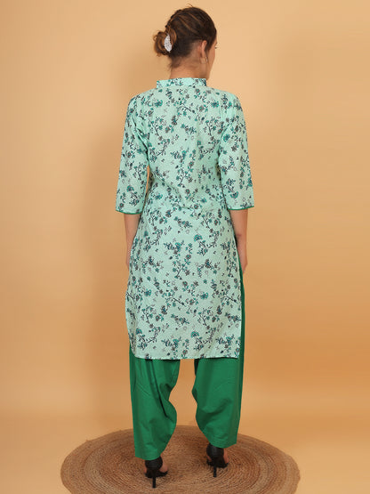 Trendzmy Women Green Floral Printed Cotton Kurti with One Side Pocket