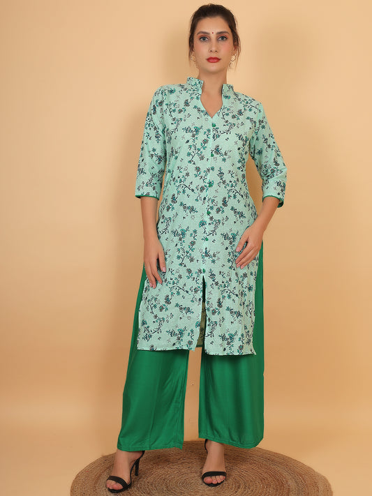 Stylish Green Printed Kurta with Matching Palazzo Set & Side Pockets for Women