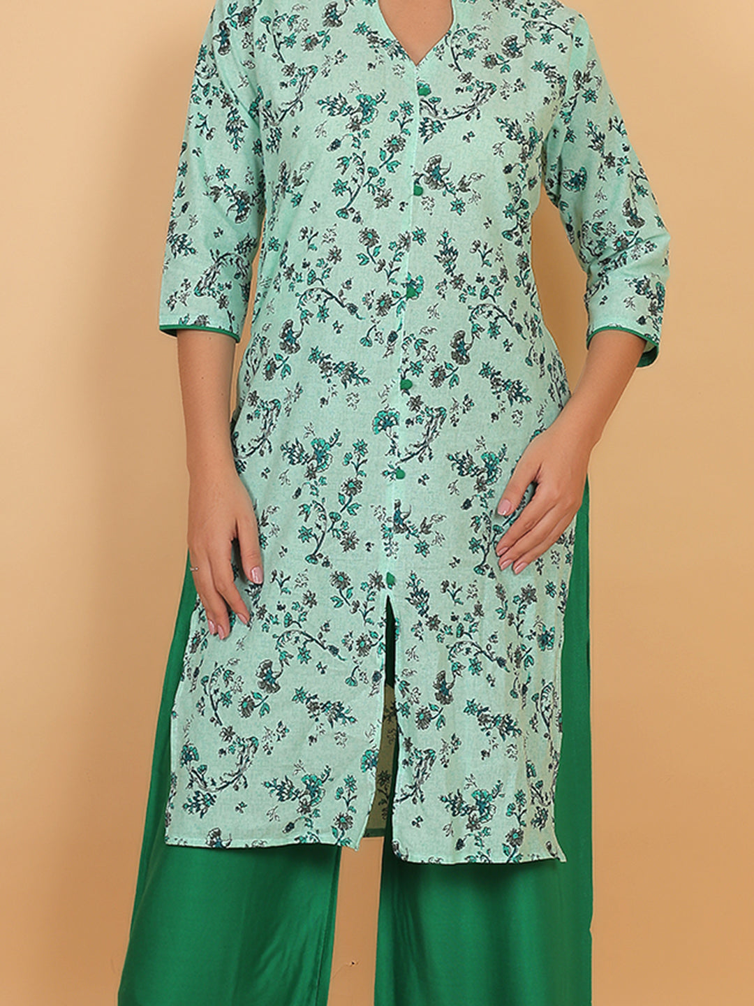 Stylish Green Printed Kurta with Matching Palazzo Set & Side Pockets for Women