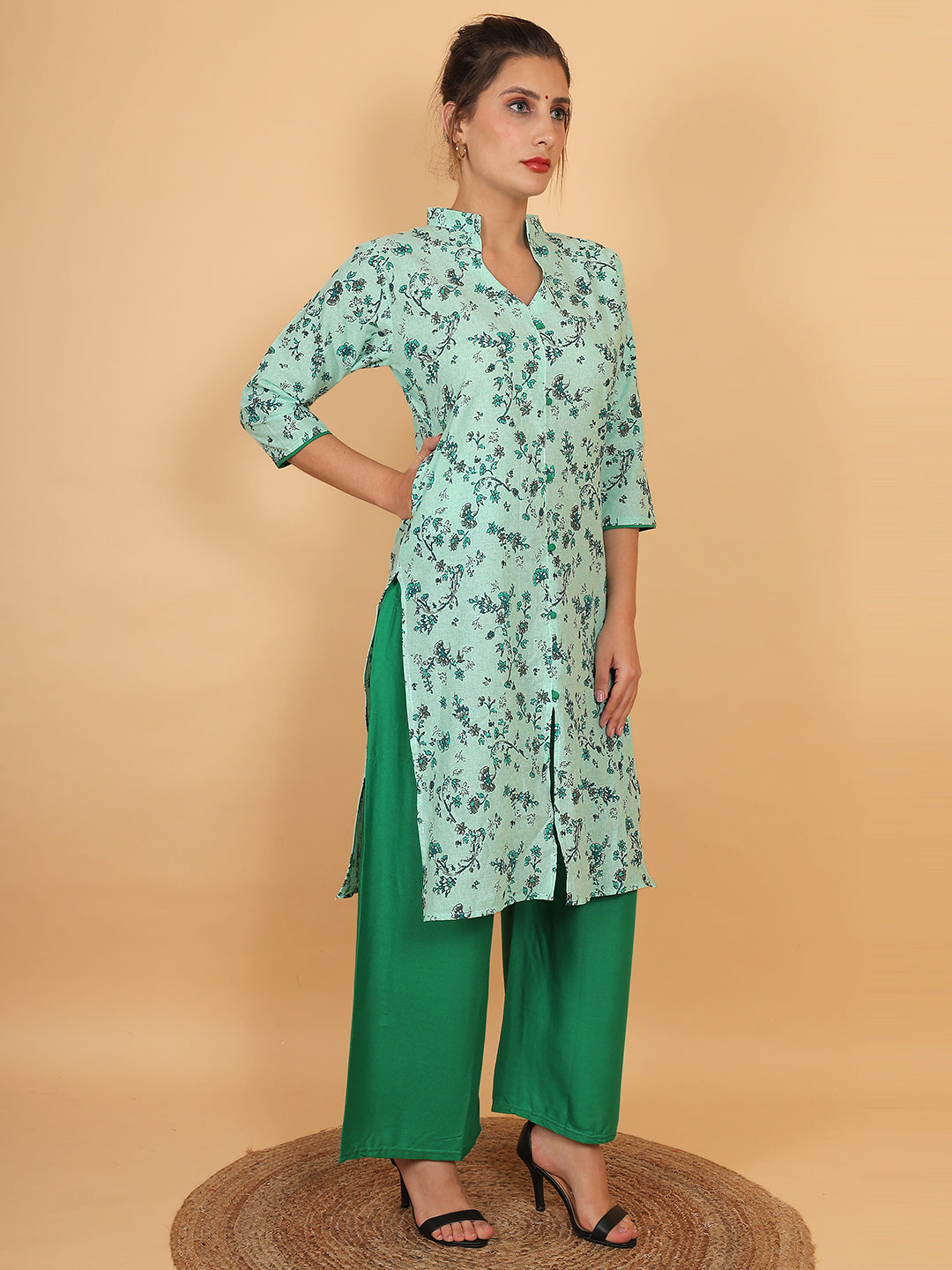 Stylish Green Printed Kurta with Matching Palazzo Set & Side Pockets for Women