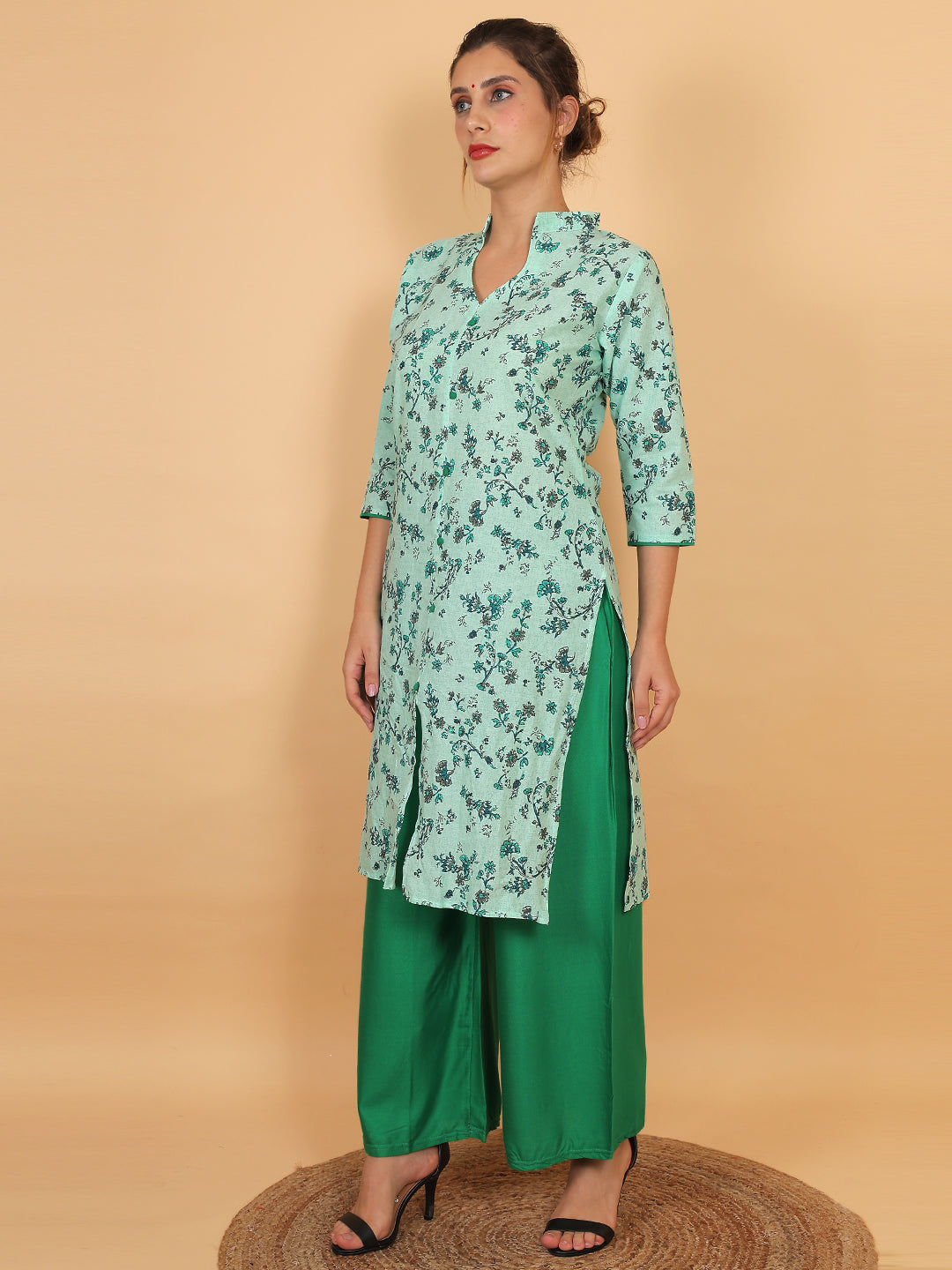 Stylish Green Printed Kurta with Matching Palazzo Set & Side Pockets for Women