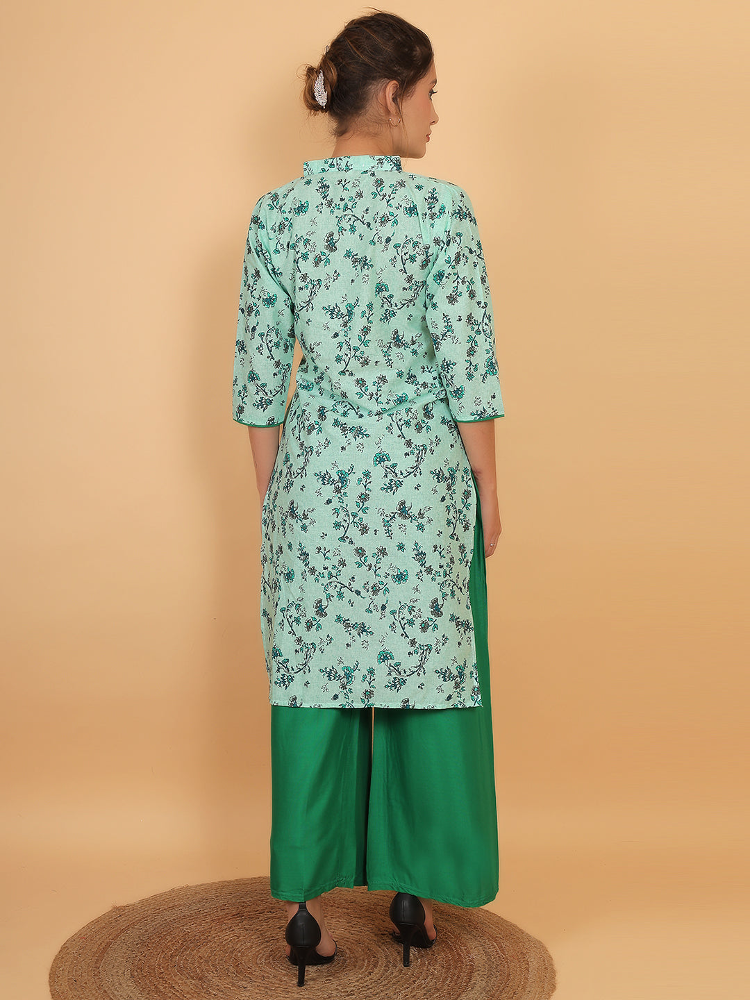 Stylish Green Printed Kurta with Matching Palazzo Set & Side Pockets for Women