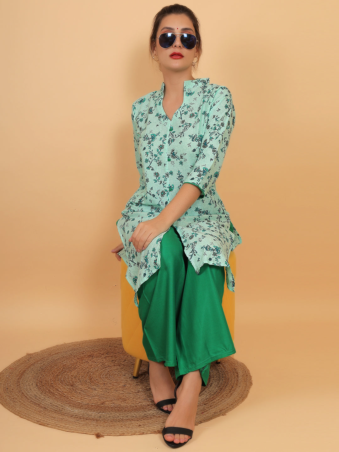 Stylish Green Printed Kurta with Matching Palazzo Set & Side Pockets for Women