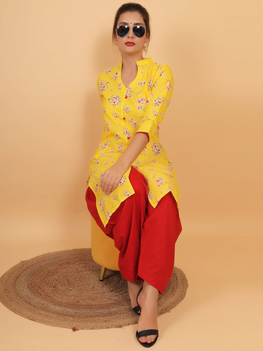 Trendzmy Women Yellow Floral Printed Cotton Kurta with One Side Pocket