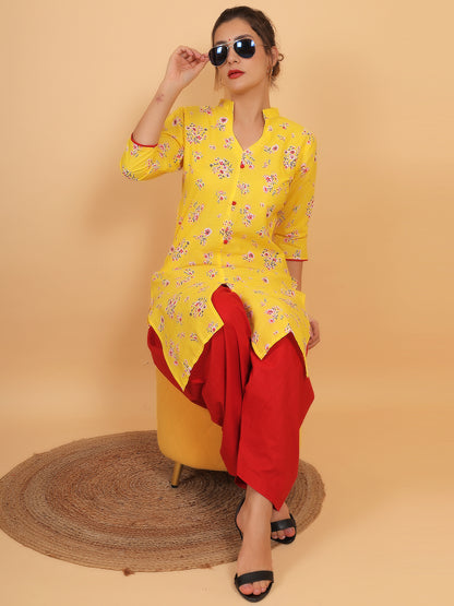 Trendzmy Women Yellow Floral Printed Cotton Kurta with One Side Pocket
