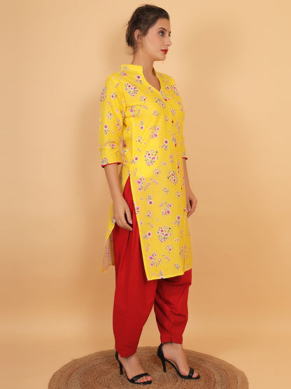 Trendzmy Women Yellow Floral Printed Cotton Kurta with One Side Pocket