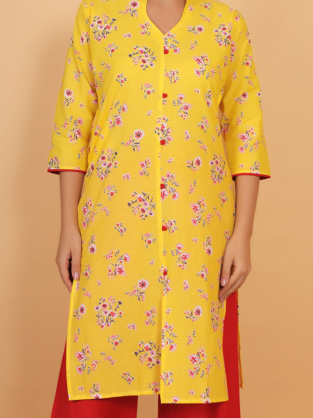 Bright Yellow Floral Printed Kurta with Red Palazzo Set for Women – Stylish Ethnic Outfit with Pockets