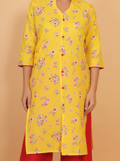 Bright Yellow Floral Printed Kurta with Red Palazzo Set for Women – Stylish Ethnic Outfit with Pockets