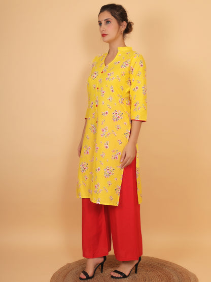 Bright Yellow Floral Printed Kurta with Red Palazzo Set for Women – Stylish Ethnic Outfit with Pockets