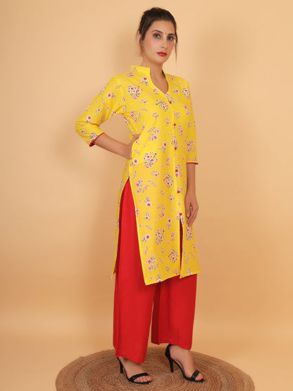 Bright Yellow Floral Printed Kurta with Red Palazzo Set for Women – Stylish Ethnic Outfit with Pockets