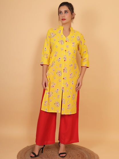 Bright Yellow Floral Printed Kurta with Red Palazzo Set for Women – Stylish Ethnic Outfit with Pockets