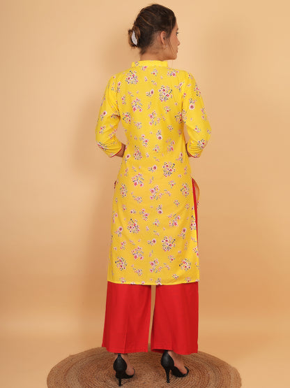 Bright Yellow Floral Printed Kurta with Red Palazzo Set for Women – Stylish Ethnic Outfit with Pockets