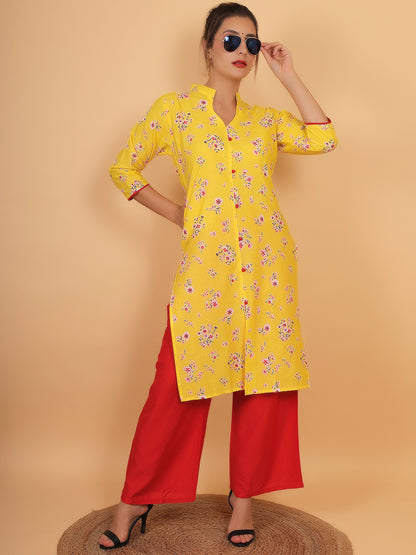 Bright Yellow Floral Printed Kurta with Red Palazzo Set for Women – Stylish Ethnic Outfit with Pockets