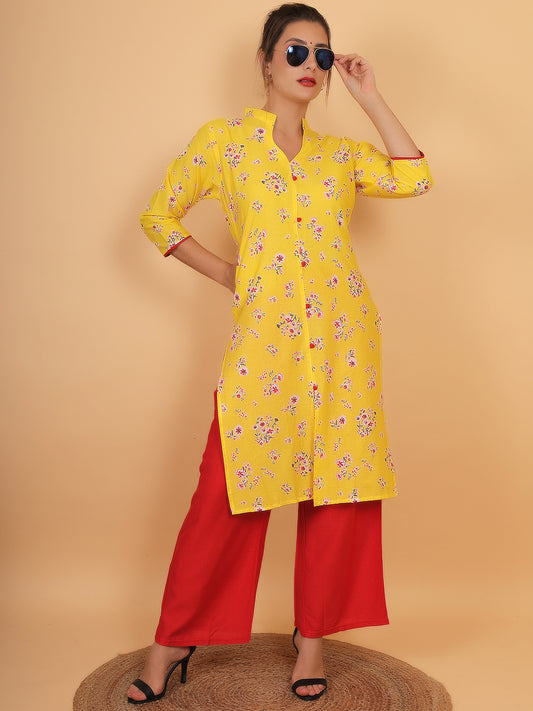 Bright Yellow Floral Printed Kurta with Red Palazzo Set for Women – Stylish Ethnic Outfit with Pockets