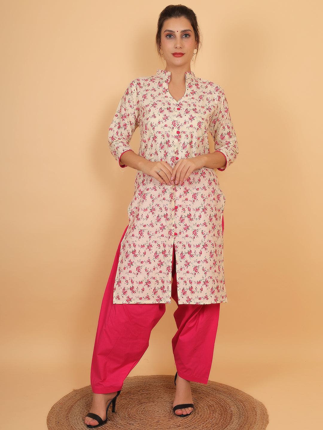 Women Cream and Pink Floral Printed Cotton Kurta with One Side Pocket