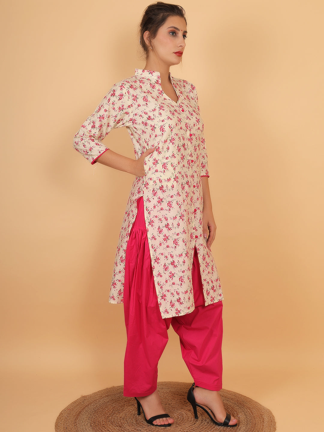 Trendzmy Women Cream and Pink Floral Printed Cotton Kurta with One Side Pocket