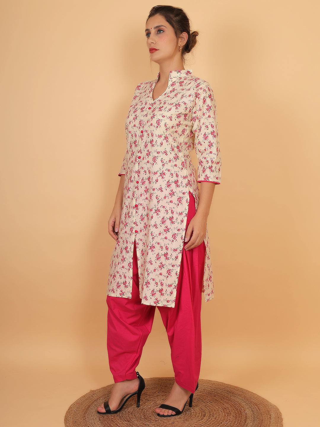 Trendzmy Women Cream and Pink Floral Printed Cotton Kurta with One Side Pocket