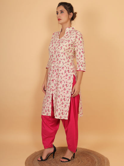 Trendzmy Women Cream and Pink Floral Printed Cotton Kurta with One Side Pocket