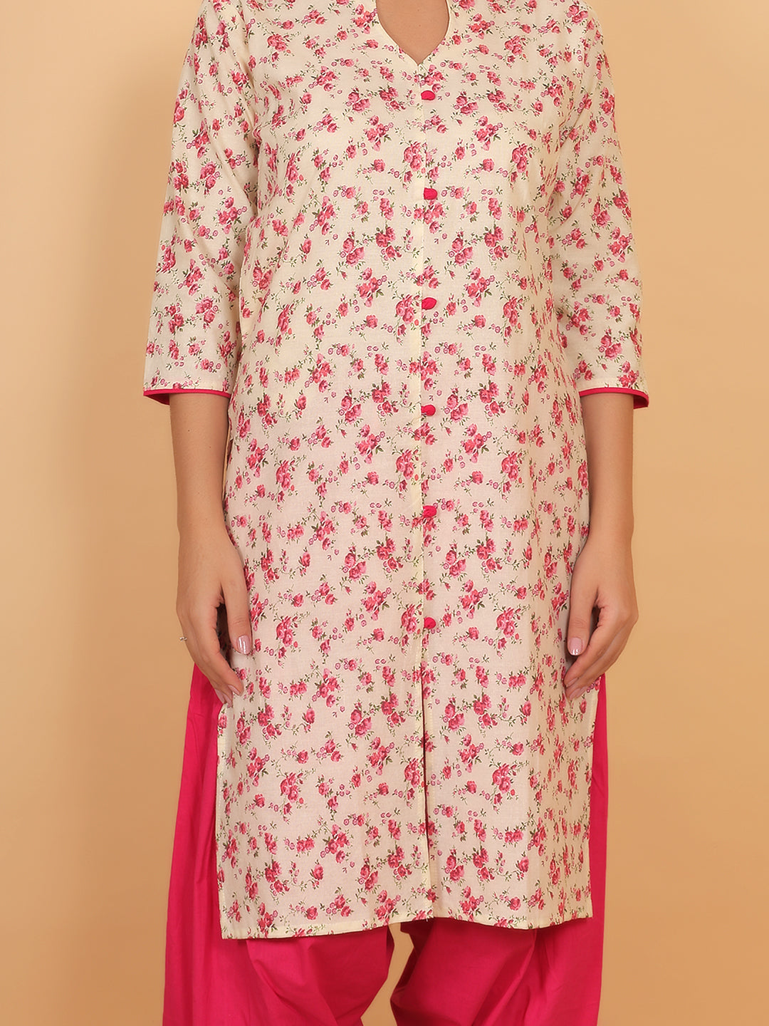 Women Cream and Pink Floral Printed Cotton Kurta with One Side Pocket