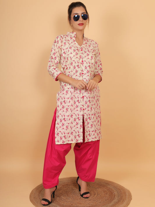 Women Cream and Pink Floral Printed Cotton Kurta with One Side Pocket