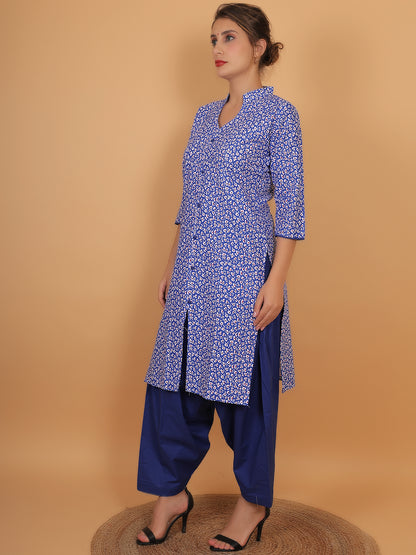 Trendzmy Women Blue Floral Printed Cotton Kurta with One Side Pocket