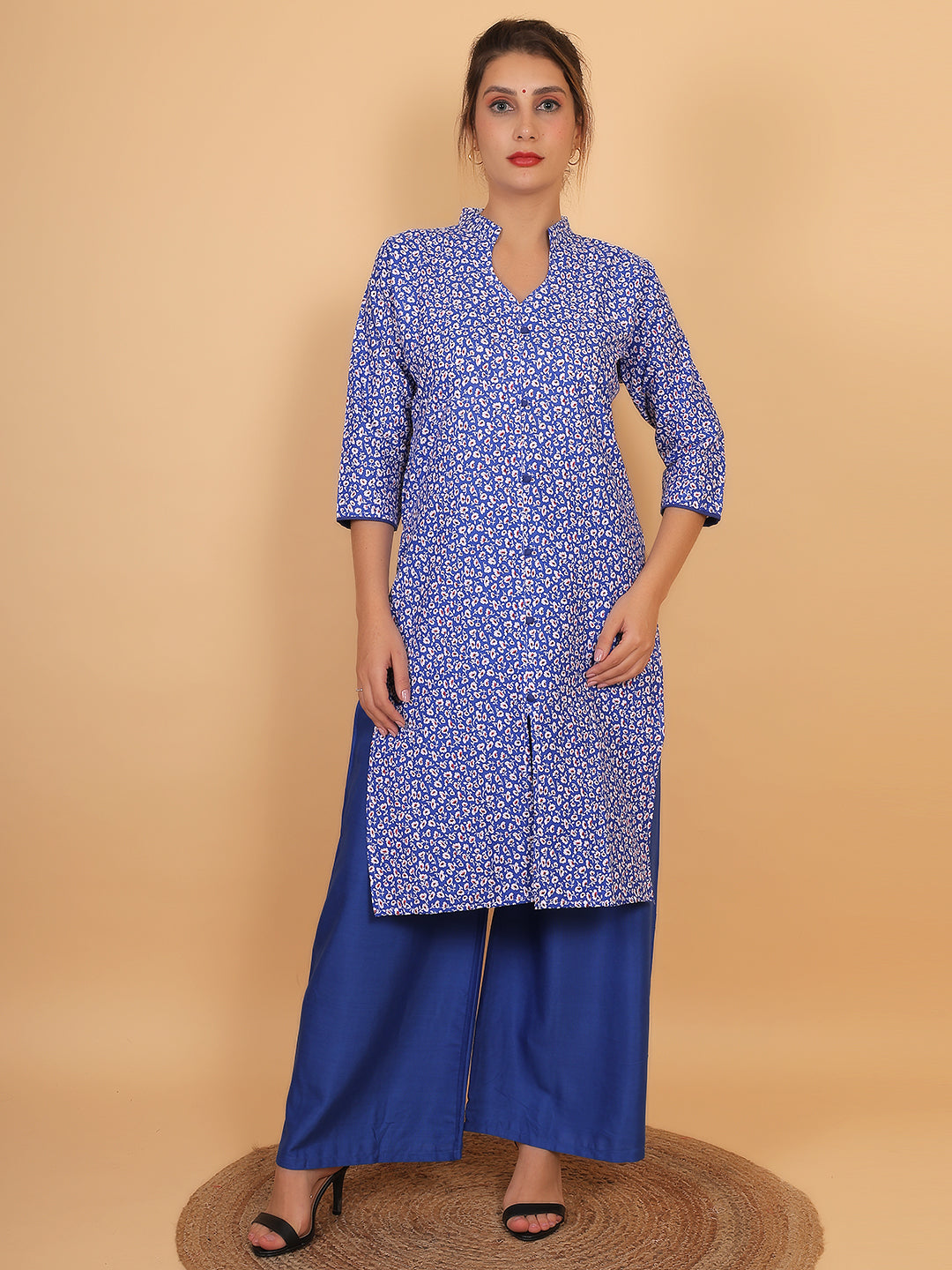 Stylish Blue Printed Kurta with Matching Palazzo Set & Side Pockets for Women