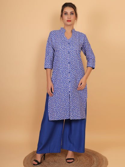 Stylish Blue Printed Kurta with Matching Palazzo Set & Side Pockets for Women