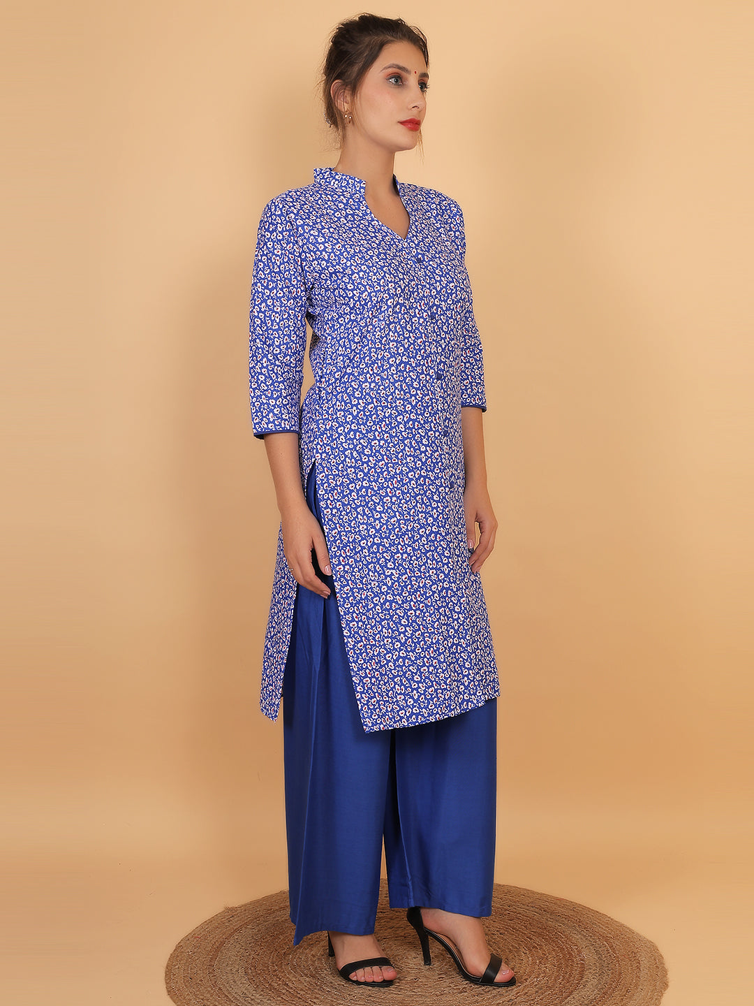 Stylish Blue Printed Kurta with Matching Palazzo Set & Side Pockets for Women