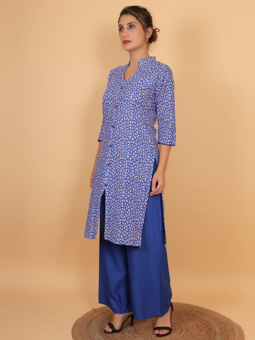 Stylish Blue Printed Kurta with Matching Palazzo Set & Side Pockets for Women