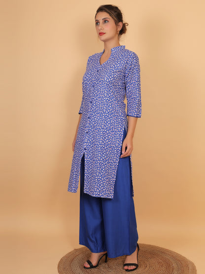 Stylish Blue Printed Kurta with Matching Palazzo Set & Side Pockets for Women