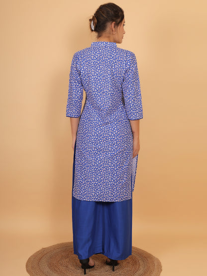 Stylish Blue Printed Kurta with Matching Palazzo Set & Side Pockets for Women