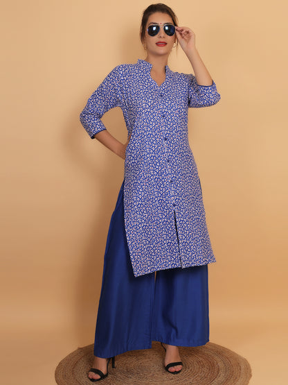 Stylish Blue Printed Kurta with Matching Palazzo Set & Side Pockets for Women
