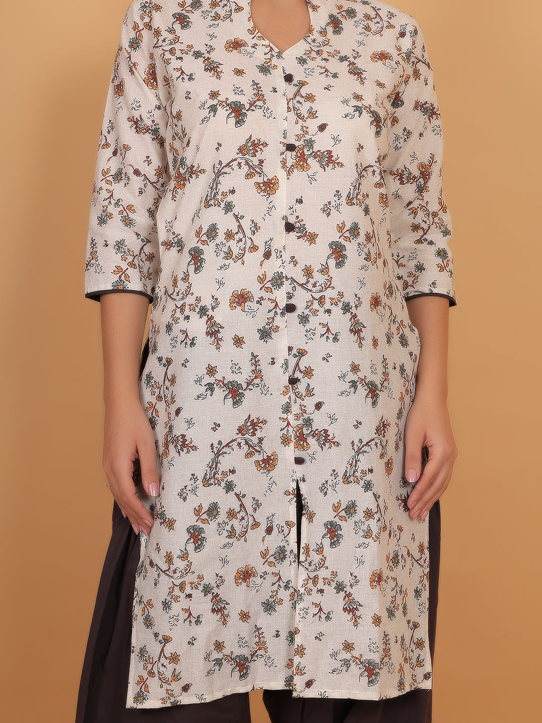 Trendzmy Women Brown Floral Printed Cotton Kurta with One Side Pocket