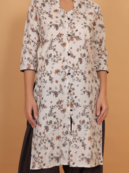 Trendzmy Women Brown Floral Printed Cotton Kurta with One Side Pocket