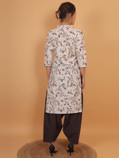 Trendzmy Women Brown Floral Printed Cotton Kurta with One Side Pocket
